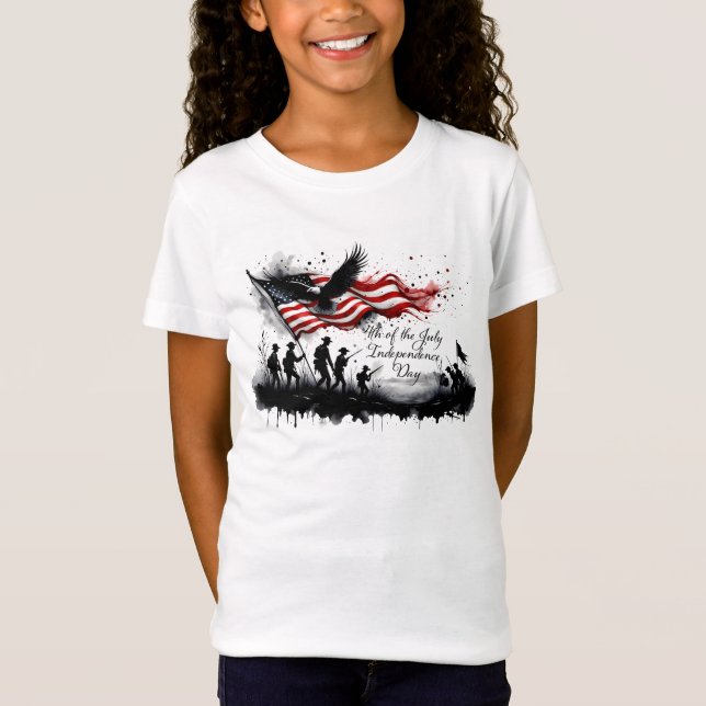 4th of July Patriotic Art with Flag & Soldiers T-Shirt (Front)