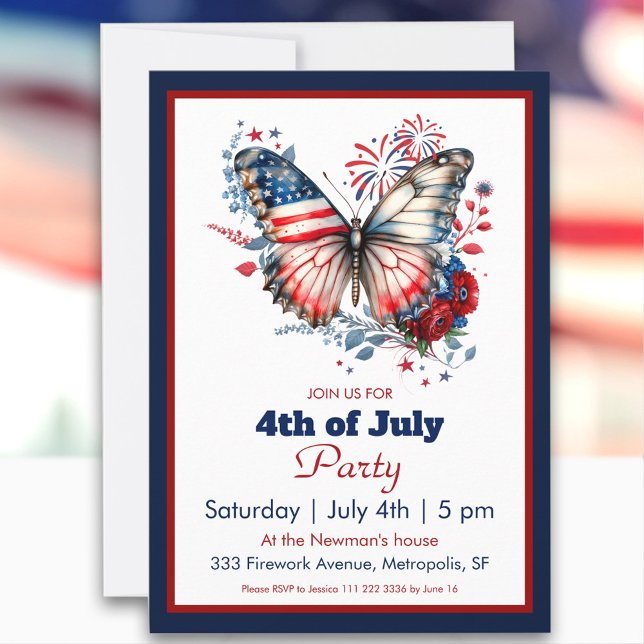 4th of July Patriotic Butterfly & Fireworks Party Invitation (4th of July Patriotic Butterfly & Fireworks Party Invitation)