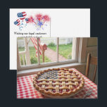 4th of July Patriotic Cherry Pie Postcard<br><div class="desc">Cherry pie with an American flag lattice crust on a red and white checkered tablecloth by a farmhouse window.
All text can be changed.</div>