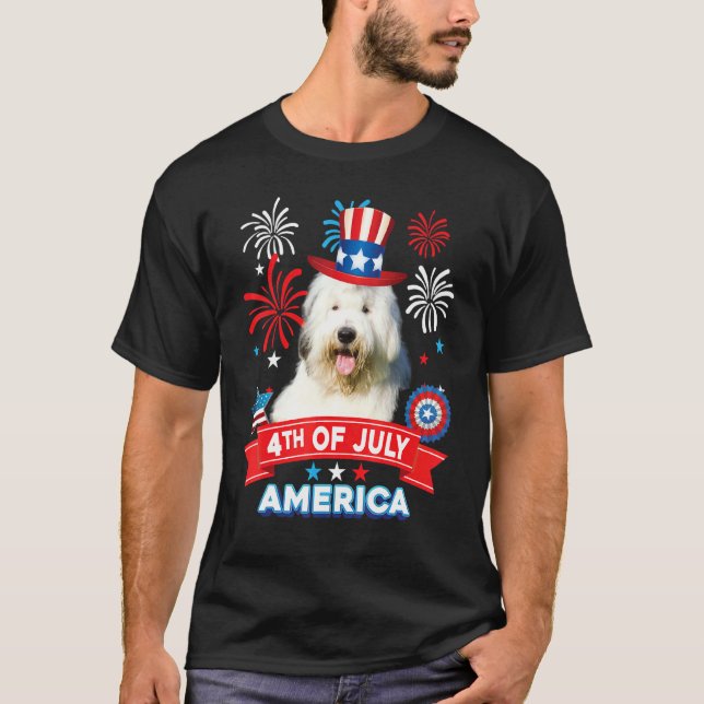 4th Of July Patriotic Day Old English Sheepdog Dog T-Shirt (Front)