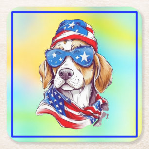 4th Of July Patriotic Dog Design  Square Paper Coaster