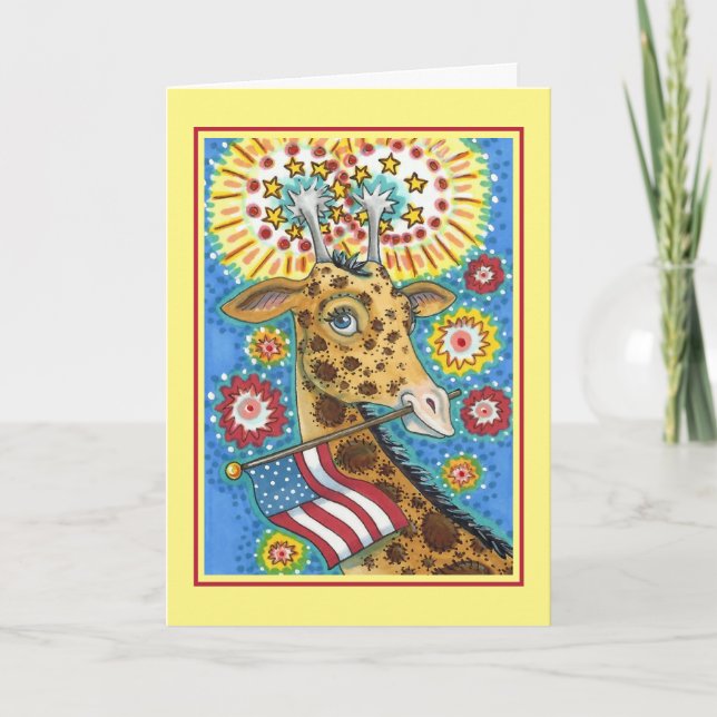 4TH OF JULY PATRIOTIC GIRAFFE & FIREWORKS Cute Fun Holiday Card (Front)