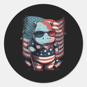 4th Of July Patriotic Hippo Us Flag  Classic Round Sticker