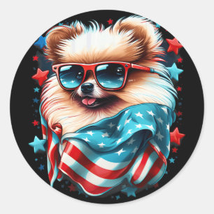 4th Of July Patriotic Pomeranian Dog Us Flag  Classic Round Sticker