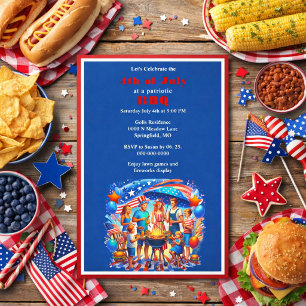 4th of July Patriotic Red White Blue BBQ Invitation