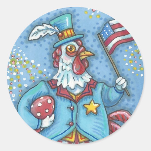 4TH OF JULY PATRIOTIC ROOSTER STICKERS Rnd * Sheet (Front)