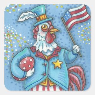 4TH OF JULY PATRIOTIC ROOSTER STICKERS Squ * Sheet