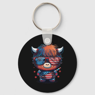 4th Of July Patriotic Scottish Cow Us Flag  Key Ring