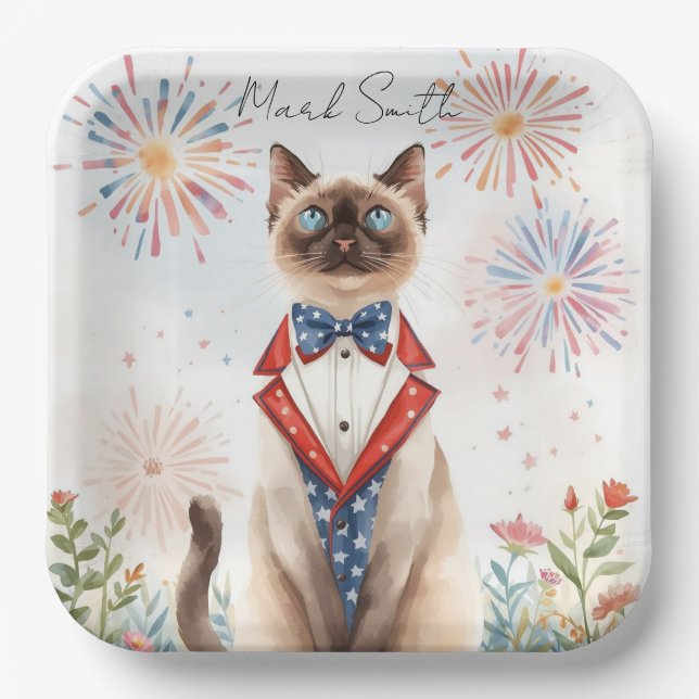 4th of July Patriotic Siamese Cat Paper Plates  (Front)
