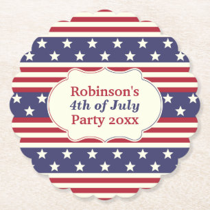 4th of July Patriotic Stars and Stripes Party Name Paper Coaster