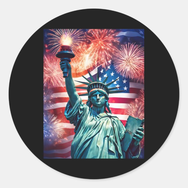 4th Of July Patriotic Statute Of Liberty Us Flag C Classic Round Sticker (Front)