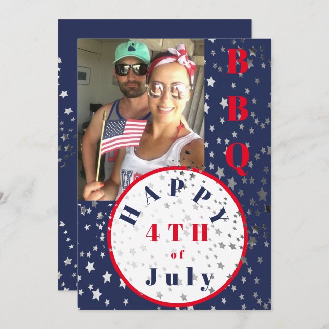 4th of July Photo Red White Blue Stars BBQ Invitation (Front/Back)