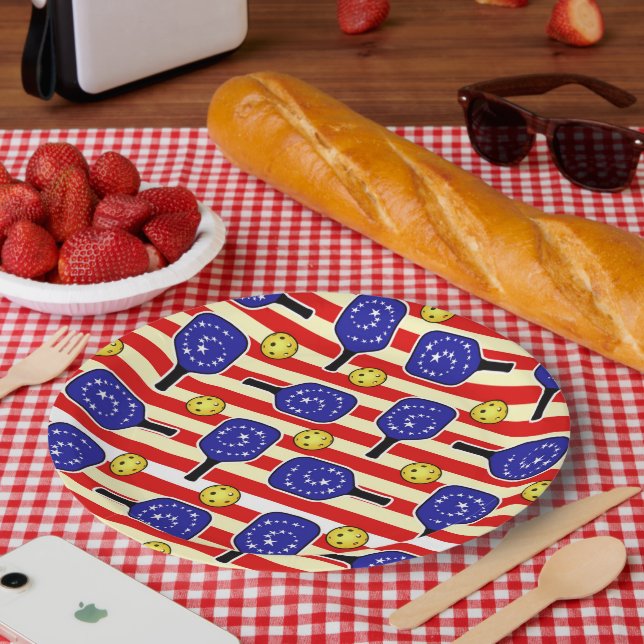 4th of July Pickleball Red White Blue Yellow Balls Paper Plate (Picnic)