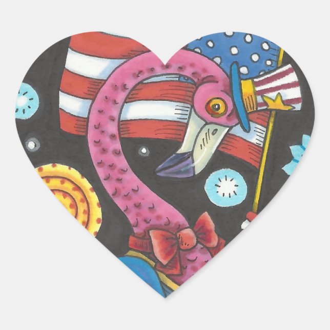 4TH OF JULY PINK FLAMINGO STICKERS Heart * Sheet (Front)