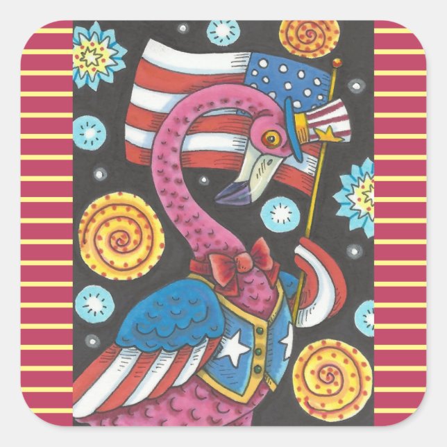 4TH OF JULY PINK FLAMINGO STICKERS Square * Sheet (Front)