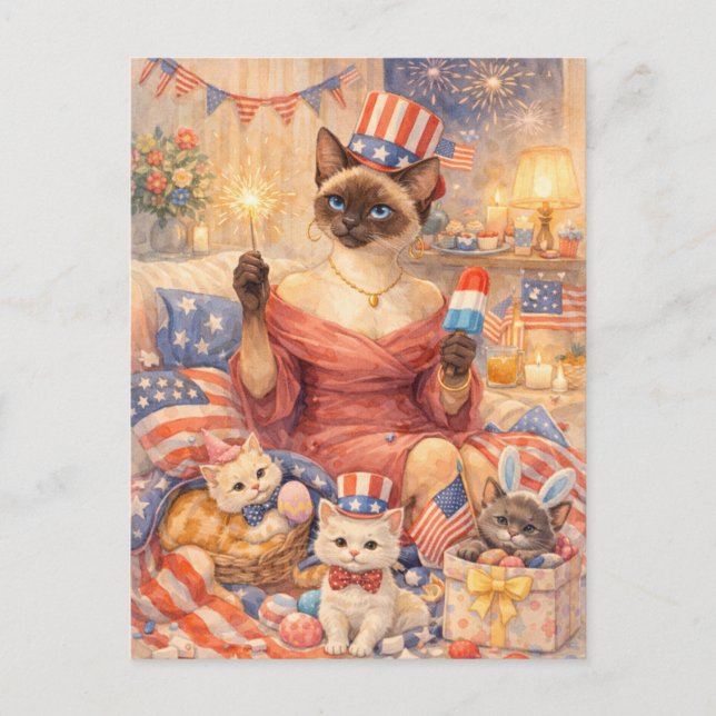 4th of July Pool Diva Cat Postcard (Front)