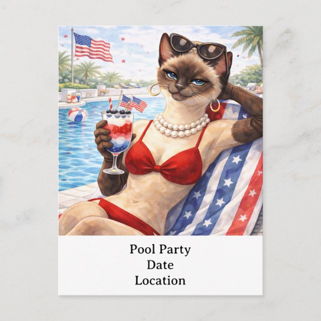 4th of July Pool Diva Cat Postcard (Front)