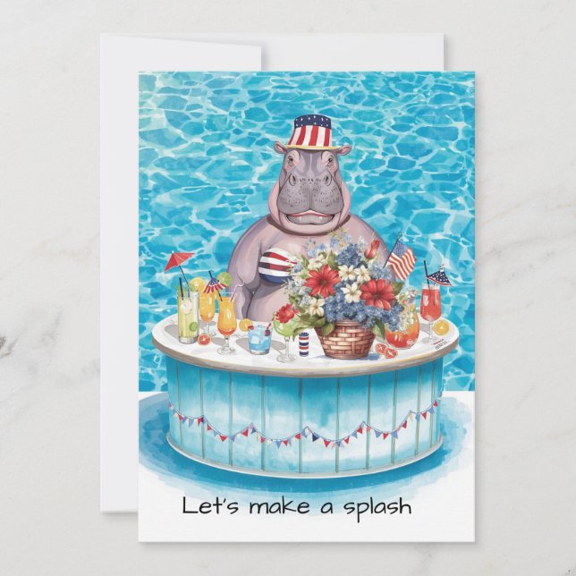 4th of July Pool Party with Hippo  Invitation (Front)