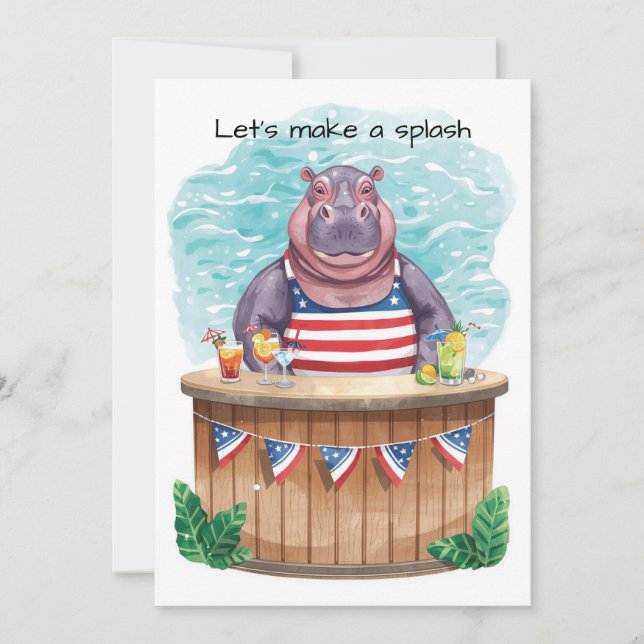4th of July Pool Party with Hippo  Invitation (Front)