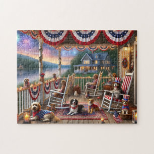 4th of July Porch Dogs Fireworks Summer Night Jigsaw Puzzle