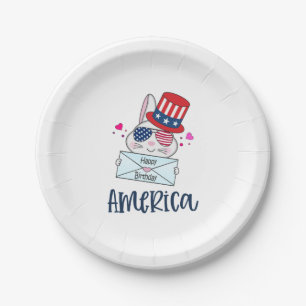4th of July Rabbit with USA Flag Sun Glasses Paper Plate