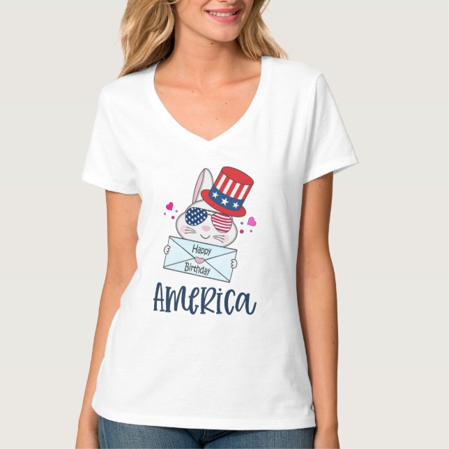 4th of July Rabbit with USA Flag Sun Glasses T-Shirt (Front)