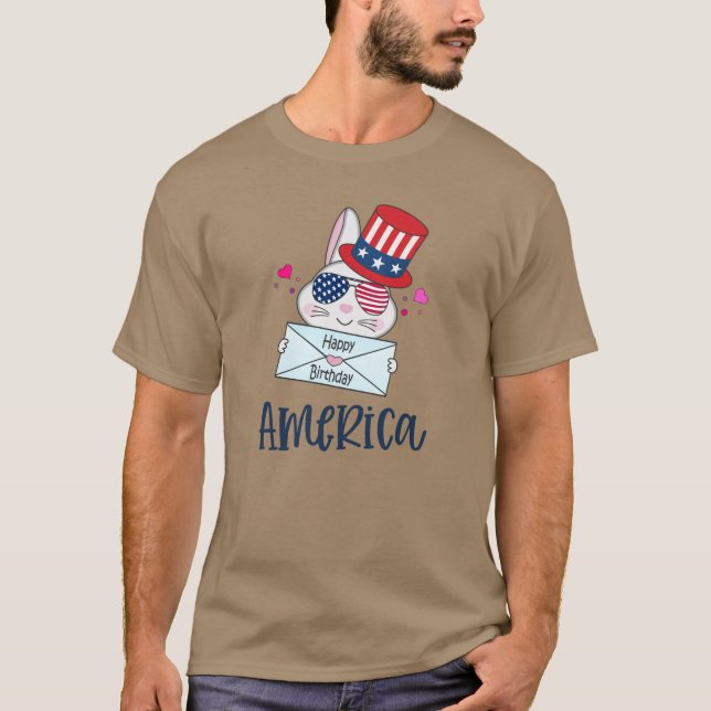 4th of July Rabbit with USA Flag Sun Glasses T-Shirt (Front)