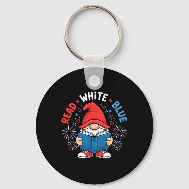 4th of July Read White Blue Gnome Reading Book Key Ring (Front)