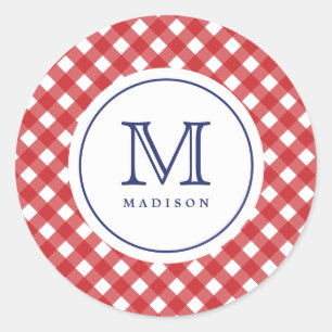 4th Of July Red Checks Blue Monogram Party Sticker