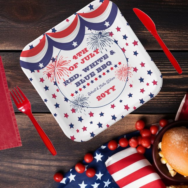 4th of July Red White and Blue BBQ Paper Plate (4th of July Red, White and Blue BBQ Square Paper Plates)
