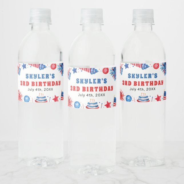 4th of July Red White and Blue Summer 3rd Birthday Water Bottle Label (Bottles)