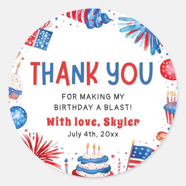 4th of July Red White Blue Birthday Thank You Classic Round Sticker (Front)