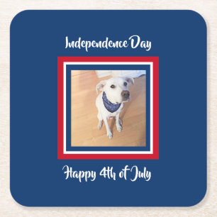 4th of July Red, White, Blue Cute White Puppy Dog Square Paper Coaster