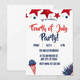 4th of July Red White Blue Fireworks Party  Invitation
