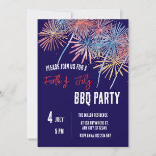 4th of July Red White Blue Fireworks Party  Invitation