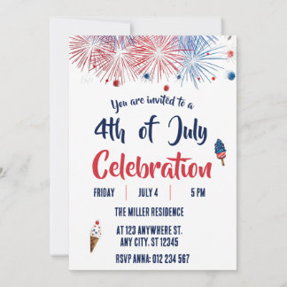 4th of July Red White Blue Fireworks Party  Invitation