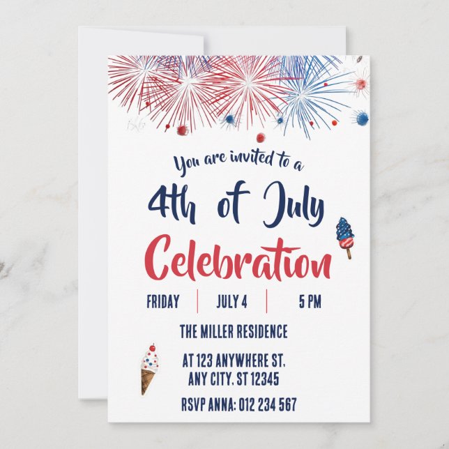4th of July Red White Blue Fireworks Party  Invitation (Front)