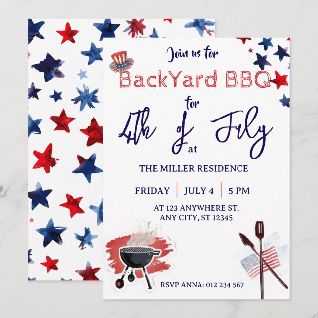 4th of July Red White Blue Fireworks Party  Invitation (Front/Back)