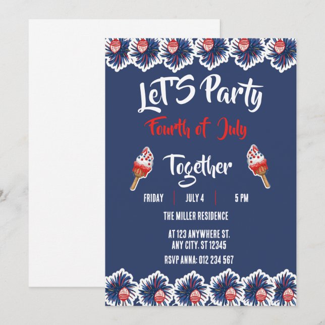 4th of July Red White Blue Fireworks Party  Invitation (Front/Back)