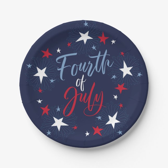4th of July Red White Blue Fireworks Party Paper Plate (Front)