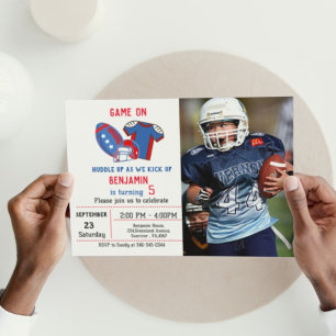 4th of july red white  blue football boy birthday invitation