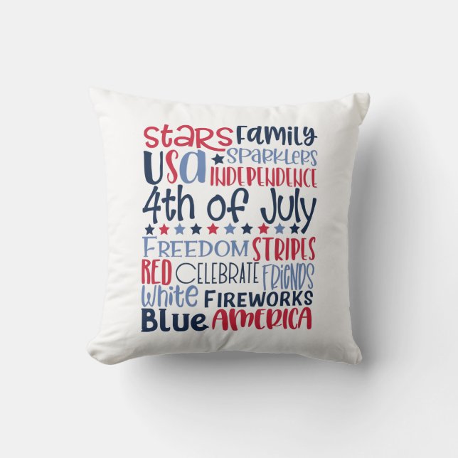4th of July Red White Blue Modern Typography Cushion (Front)