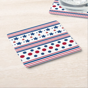4th Of July Red White & Blue Patriotic Square Paper Coaster