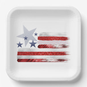 4th of July, red, white, blue square paper plate. Plate