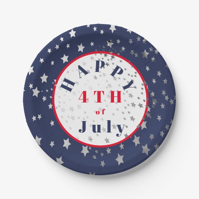 4th of July  Red White Blue Stars Paper Plate (Front)