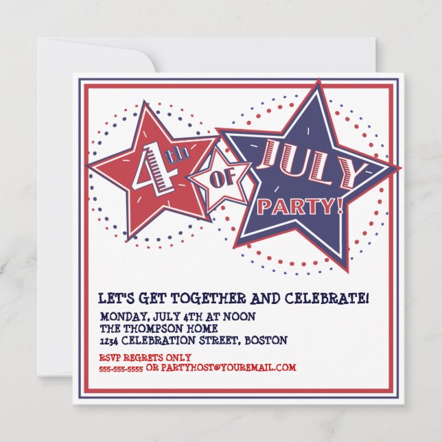 4th of July Red White Blue Stars Party Invitation (Front)
