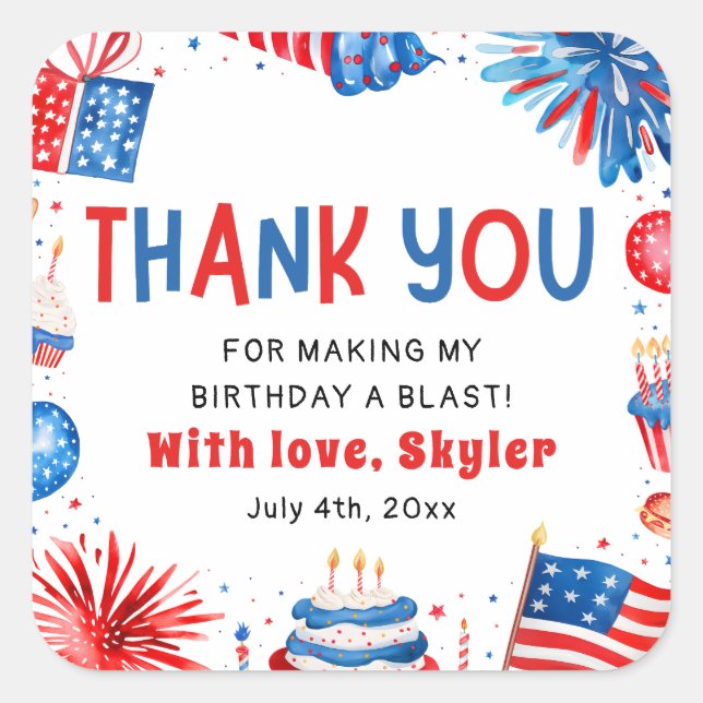 4th of July Red White Blue Summer Birthday Party  Square Sticker (Front)