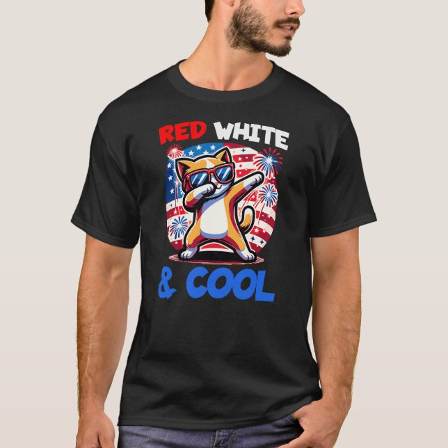 4th of July Red White & Cool Dabbing Kitty Cat Fun T-Shirt (Front)