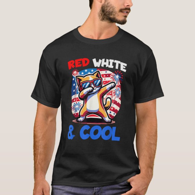 4th of July Red White Cool Dabbing Kitty Cat Funny T-Shirt (Front)