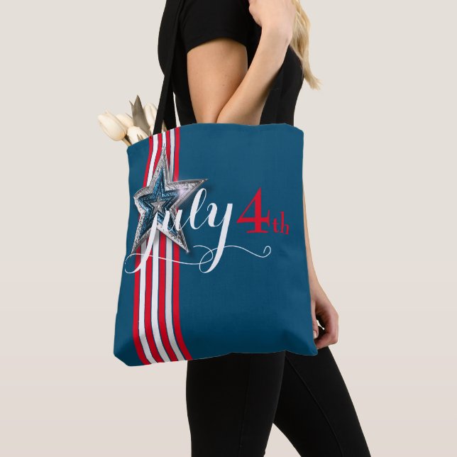4th of July Red & White Stripes & Star Tote Bag (Close Up)